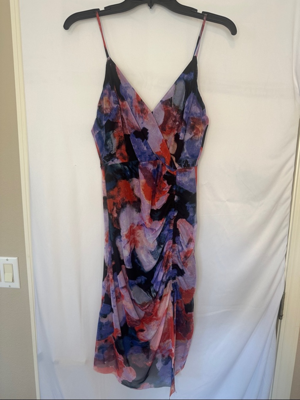 BCBGeneration Watercolor Floral Bodycon Midi Dress in Purple and Red